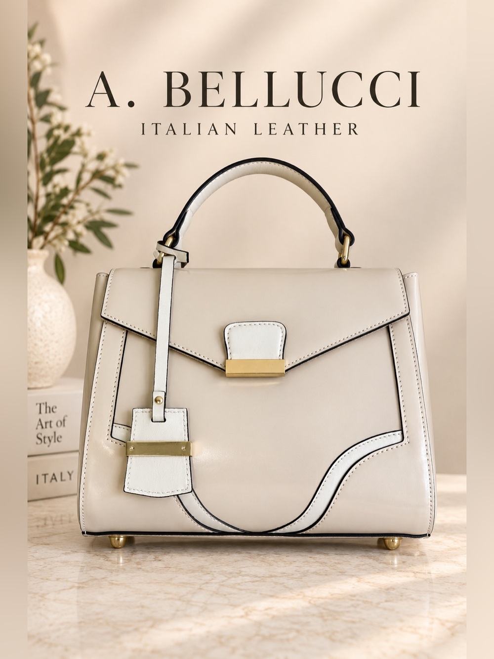 A. Bellucci Genuine Leather Cream Structured Top Handle Satchel